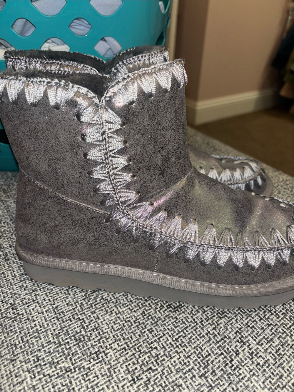 Woven Trim Suede Ankle Slipper Boot - Gray
